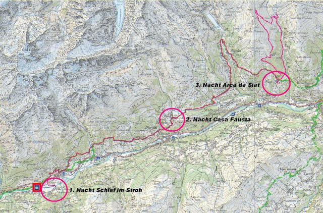 Wegführung von Surrein nach Siat auf der Senda Sursilavana und am letzten Tag zur Alp Ruschein und zurück nach Siat